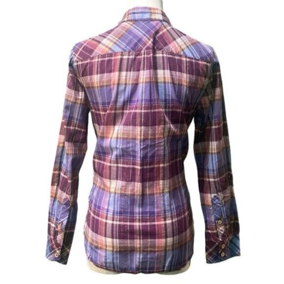 Talbots Long Sleeve Madras Plaid Cotton Blend Metallic Thread Shirt Size S/P - Picture 2 of 5